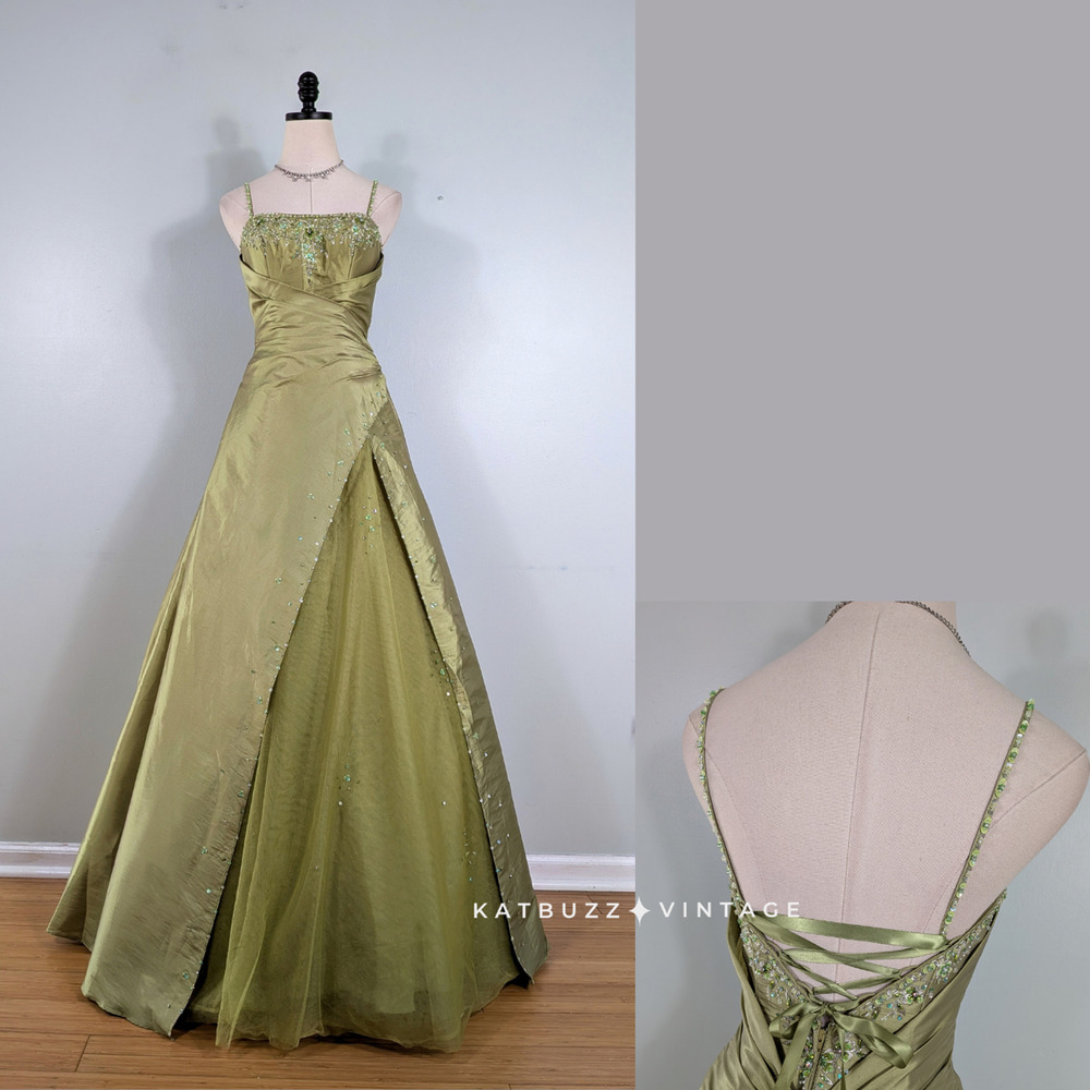 Vintage Prom Dress Maxi Gown 6 Olive Green Fairy Princess Y2K Bead Ball Corset